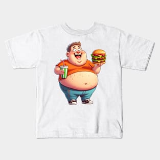 a fat young man eating a burger Kids T-Shirt